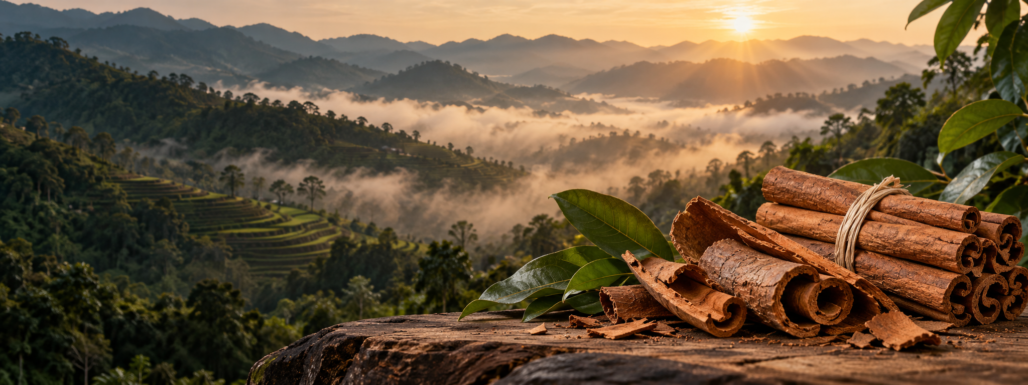 Cassia bark and leaves overlooking misty mountains in northern Vietnam